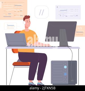 Software development process. Man working with script code isolated on white background Stock Vector