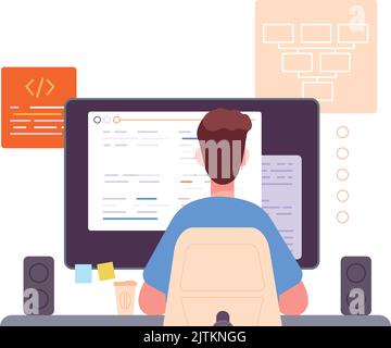 Man working with script. Software development. Programmer back view isolated on white background Stock Vector