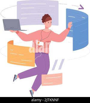 Woman programming. Software developer working. Person looking at code isolated on white background Stock Vector