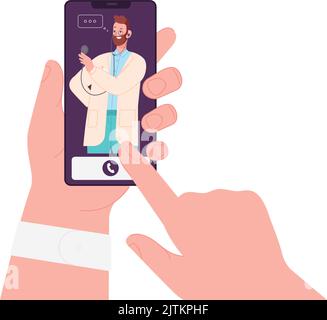 Medical app. Patient talking with doctor on smartphone screen isolated on white background Stock Vector