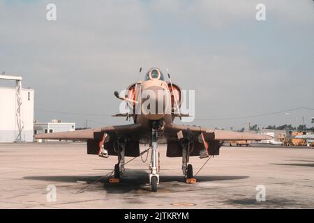 United States Navy Douglas A-4 Skyhawk from VF-126, Pacific Fleet Adversary Squadron on the tarmac at NAS Miramar in San Diego, California Stock Photo