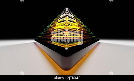 3D rendering. Artistic background with a glass pyramid made up of colored lights and various colorful patterns. Geometric body with an artistic patter Stock Photo