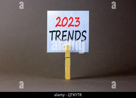 2023 Trends Symbol White Paper With Words 2023 Trends Clip On Wooden Clothespin Beautiful Grey Table Grey Background Business And 2023 Trends Conc 2jtkytr 