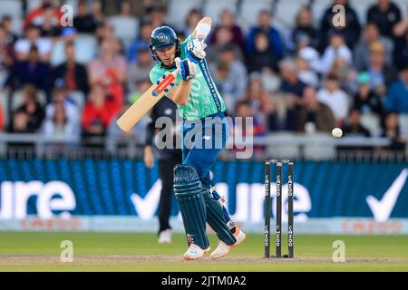 Manchester, UK. 31st Aug, 2022. Sam Billings of Oval Invincibles in batting action during the game in Manchester, United Kingdom on 8/31/2022. (Photo by Conor Molloy/News Images/Sipa USA) Credit: Sipa USA/Alamy Live News Stock Photo