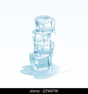 Group of three realistic translucent ice cubes in blue color. Transparency only in vector format Stock Vector
