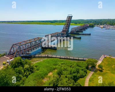 Old Saybrook Old Lyme Bridge is the last crossing the Connecticut River at the mouth between town of Old Saybrook and Old Lyme, Connecticut CT, USA. I Stock Photo