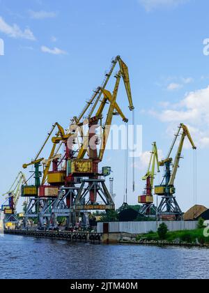 Bulk cargo terminal in port with many shore cranes and piles of coal and wood chips Stock Photo