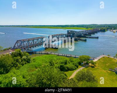 Old Saybrook Old Lyme Bridge is the last crossing the Connecticut River at the mouth between town of Old Saybrook and Old Lyme, Connecticut CT, USA. I Stock Photo