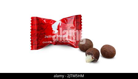 CHISINAU, MOLDOVA - July 24, 2022: Almonds in chocolate with cinnamon Julius Meinl. Julius Meinl Austria GmbH producer of coffee and chocolate. Isolat Stock Photo