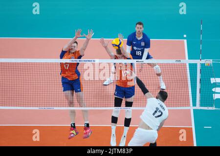 LJUBLJANA, SLOVENIA - AUGUST 31: Michael Parkinson and Bennie Junior Tuinstra of the Netherlands in action during the FIVB Volleyball Men's World Championship - Pool F - Preliminary Phase match between Netherlands and Iran at the Arena Stozice on August 31, 2022 in Ljubljana, Slovenia (Photo by Borut Zivulovic/BSR Agency) Stock Photo