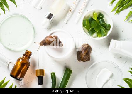 Snail mucin products at white background. Natural cosmetic. Stock Photo