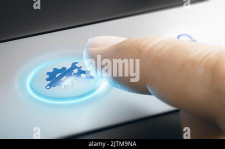 Finger pressing a blue button with gears and a wrench on a simple dashboard. Electronics maintenance service concept. Composite image between a 3d ill Stock Photo