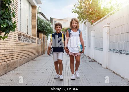 Two happy brothers holding hands with their backpacks and books returning from their first day of school. Back to school Stock Photo
