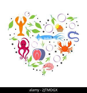 Love seafood concept with fish and sea animals in heart shape vector illustration Stock Vector