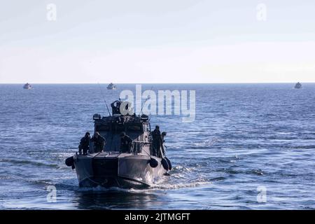 Baltic Sea (Aug. 14, 2022) Finnish Navy Jehu-class U700 Combat Boats participate in maneuvering drills with the Whidbey Island-class dock landing ship USS Gunston Hall (LSD 44) during a U.S. –  Finland bilateral exercise in the Baltic Sea. Gunston Hall (LSD 44) is part of the Kearsarge Amphibious Ready Group and embarked 22nd Marine Expeditionary Unit, under the command and control of Task Force 61/2, on a scheduled deployment in the U.S. Naval Forces Europe area of operations, employed by U.S. Sixth Fleet, to defend U.S. allied and partner interests. (U.S. Navy Photo by Mass Communication Spe Stock Photo