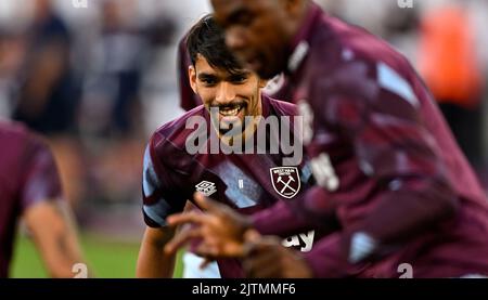 London, UK. 31st Aug, 2022. London UK 31st August 2022Lucas Paqueta (West Ham) smiles as he warms up with his new teammates during the West Ham vs Tottenham Hotspur Premier League match at the London Stadium Stratford. Credit: MARTIN DALTON/Alamy Live News Stock Photo