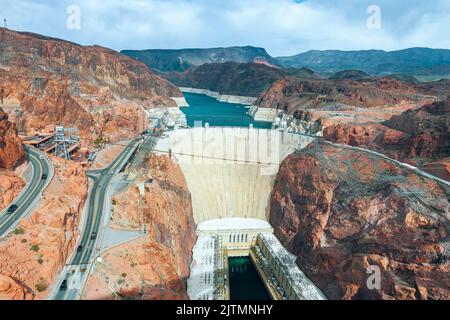 USA, Nevada Arizona border - February 19, 2018. Aerial view of Hoover Dam from Hoover dam bridge. Low water level in Lake Mead Stock Photo