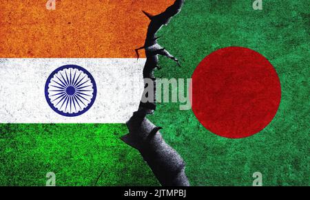 Bangladesh vs India flags on a wall with a crack. India and Bangladesh relation. India and Bangladesh conflict, relation, economy, trade concept Stock Photo