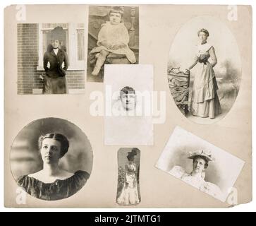 Vintage photo album page. Antique family and animals pictures from