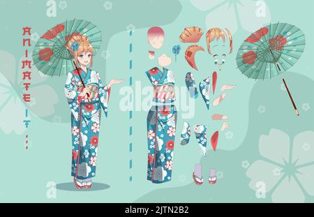 Poster flyer anime manga girls in kimono holding Vector Image