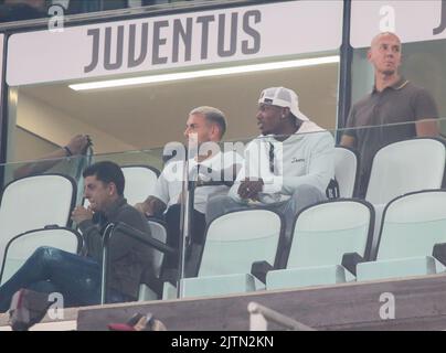 Turin, Italy. August 31, 2022  Leonardo Paredes of Juventus Fc and Paul Pogba of Juventus Fc during the Italian Serie A, football match between Juventus Fc and Spezia Calcio on August 31, 2022 at Allianz Stadium, Turin, Italy. Photo Nderim Kaceli Stock Photo