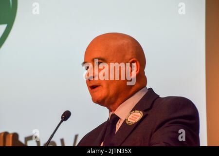 London, UK. 31st August 2022. MICK LYNCH, general secretary of RMT (Rail, Maritime and Transport union) speaking at RMT union's Rally To Save London's Public Transport held at TUC Congress House. Credit: Vuk Valcic/Alamy Live News Stock Photo