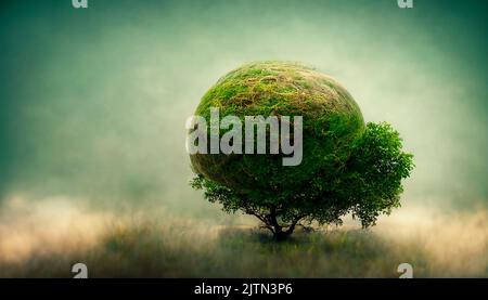 An abstract 3D soft meta background image of a tree emerging from a spherical shape. Stock Photo