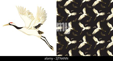 Decorative kimono floral motif background pattern with crane and flowers vector illustration Stock Vector