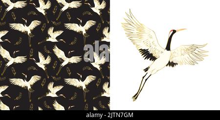 Decorative kimono floral motif background pattern with crane and flowers vector illustration Stock Vector
