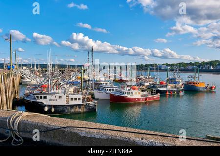 Boats moored at Digby Wharf at low tide.  Located on the Bay of Fundy, Digby is well known for it's large scallop and lobster fishing fleet. Stock Photo