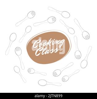 Poster design for cooking or baking in simple style with space for text your word. Background template for advertisement or cover. Silhouette cooking tools. Online courses shef cook. Round frame. Stock Vector