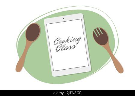 Cooking class. Flat design web banner template with tablet and wooden spoons. Culinary master class. Live online stream of the culinary process. Modern concept for website or infographic. Stock Vector
