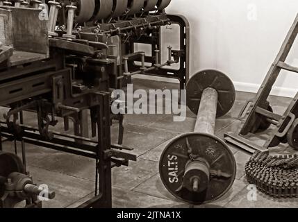 Cotton Mill machinery at Salts mill, Saltaire the factory set up by Titus Salt, Yorkshire industrialist Stock Photo