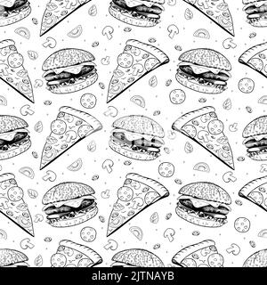 sketch Hamburger and pizza seamless vector pattern. Stock Vector