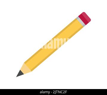 Pencil with eraser on white background in flat style logo design. Wooden yellow pencil on the transparent background for decoration and covering. Stock Vector