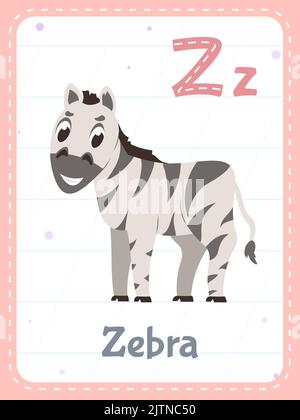 Alphabet printable flashcard with letter Z. Cartoon cute striped zebra animal and english word on flash card for children education. School memory card for kindergarten kids flat vector illustration. Stock Vector