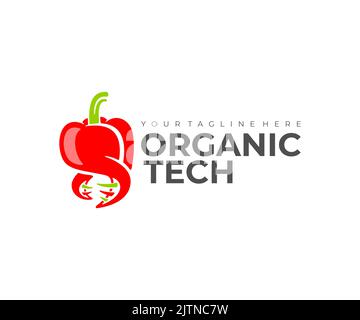 Genetic engineering, bell pepper and DNA, logo design. Organic technology, vegetable, food and meal, vector design and illustration Stock Vector