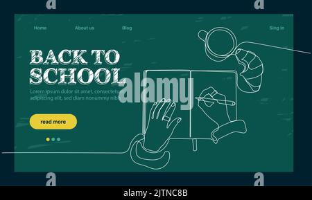landing page template with globe, glasses and stack of textbooks.Back to school landing page template. Outline web banner on white backdrop. Vector outline illustration. Concept website page. Stock Vector