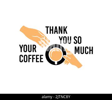 Hand passes a cup of coffee to the other hand, top view, logo design. Food and drink, beverage, drinking and coffee house, vector design Stock Vector