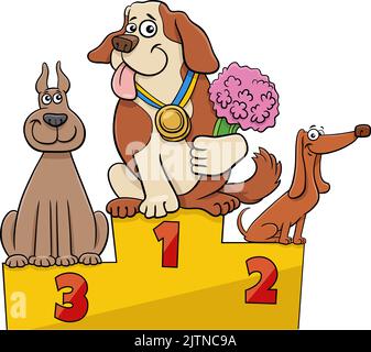 Cartoon illustration of three dogs animal characters on the podium at the dog show Stock Vector