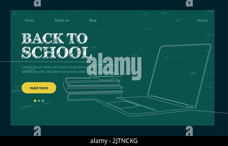 landing page template with globe, glasses and stack of textbooks.Back to school landing page template. Outline web banner on white backdrop. Vector outline illustration. Concept website page. Stock Vector