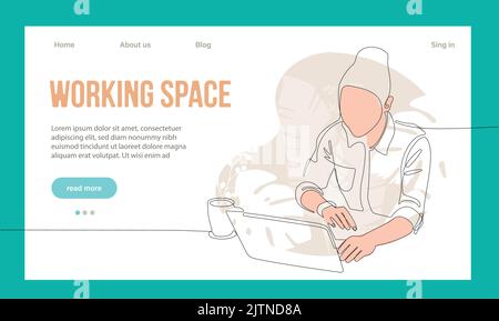 Coworking Space Landing Page Flat Cartoon Template. Freelancers Team Working Online on Laptop. Business People Sharing Open Workspace. Outline Vector Illustration Stock Vector