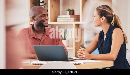 Happy business people collaboration on laptop, planning and discuss strategy for online project. Diverse man and woman excited, smiling and sharing a Stock Photo