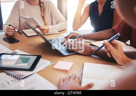 Working team collaboration, meeting office laptop technology at table and data analysis swot. Small business success graphs, paperwork strategy Stock Photo