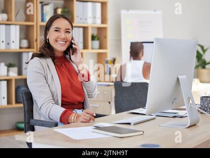 Business woman talking on phone call, happy communication and conversation in startup agency. Smile, vision and creative asian designer, entrepreneur Stock Photo