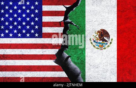 USA vs Mexico flags on a wall with a crack. Mexico and United States of America political conflict, war crisis, economy relationship, trade concept Stock Photo