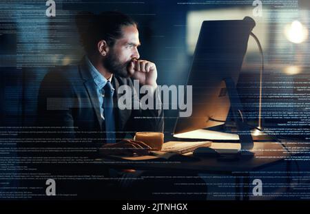 Big data, tech coding of a fintech programmer writing futuristic technology code on computer at night. AI engineer, cloud computing and ux design of Stock Photo