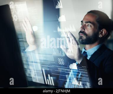 Digital, data hologram and tech code of a fintech business man working on futuristic technology. Big data, cloud computing and ux design of a software Stock Photo