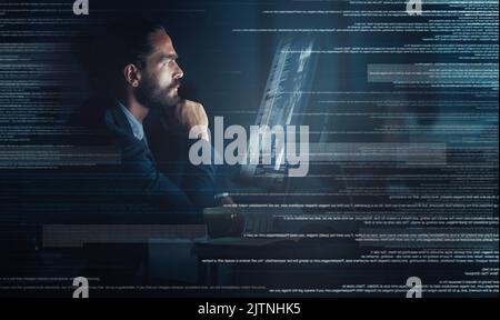 Businessman, cyber security and coding of a programmer with a vision for big data, tech and digital innovation. Male in futuristic technology on Stock Photo