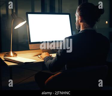 Mockup space screen of a computer with a ux software office worker and developer. Digital transformation and mock up of a IT tech man working on Stock Photo
